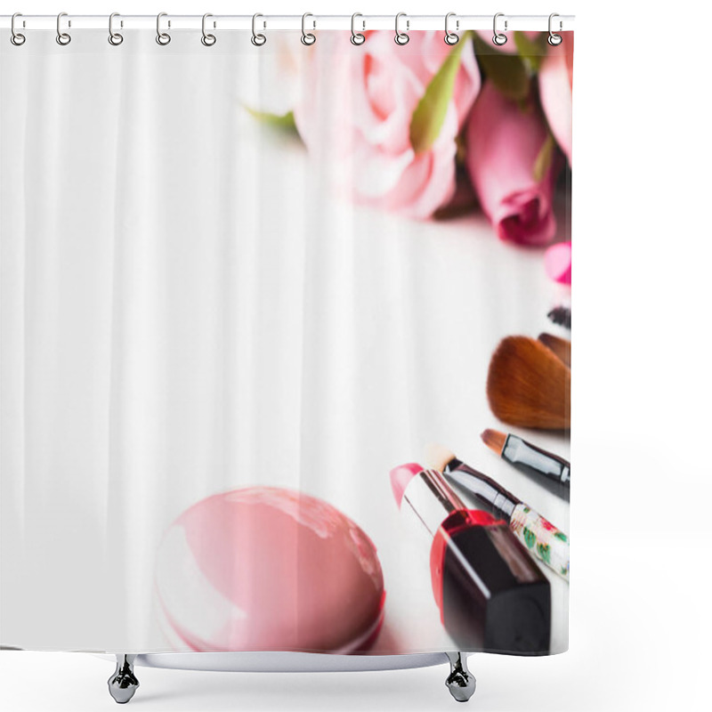 Personality  Make Up Products And Tools With Pink Roses Flowers On White Shower Curtains