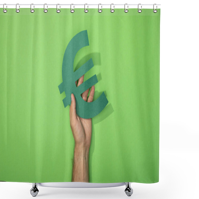 Personality  Cropped View Of Man Holding Euro Currency Sign On Green Shower Curtains