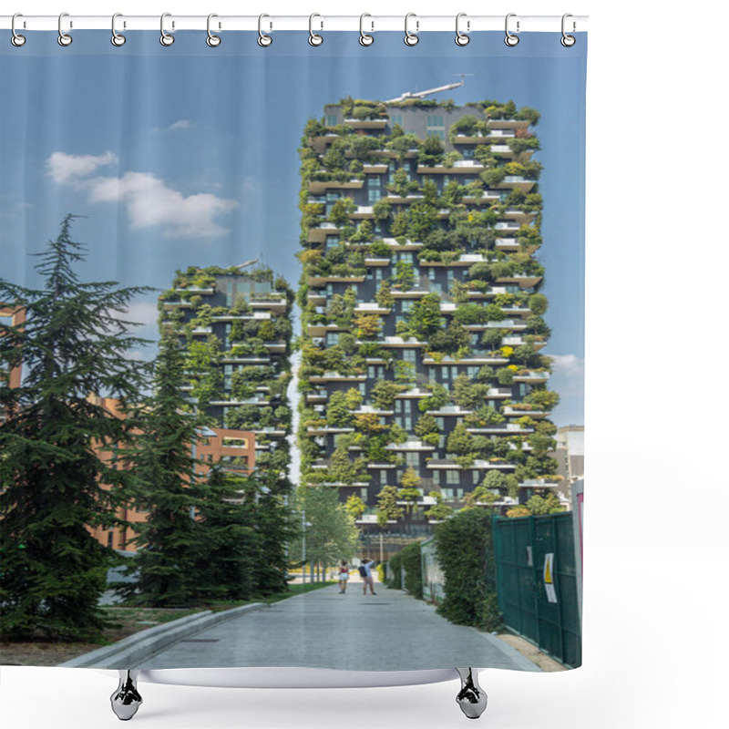 Personality  A Building With A Green Facade And Plants On The Side. Bosco Verticale (Vertical Forest) In Milan City, Italy Shower Curtains