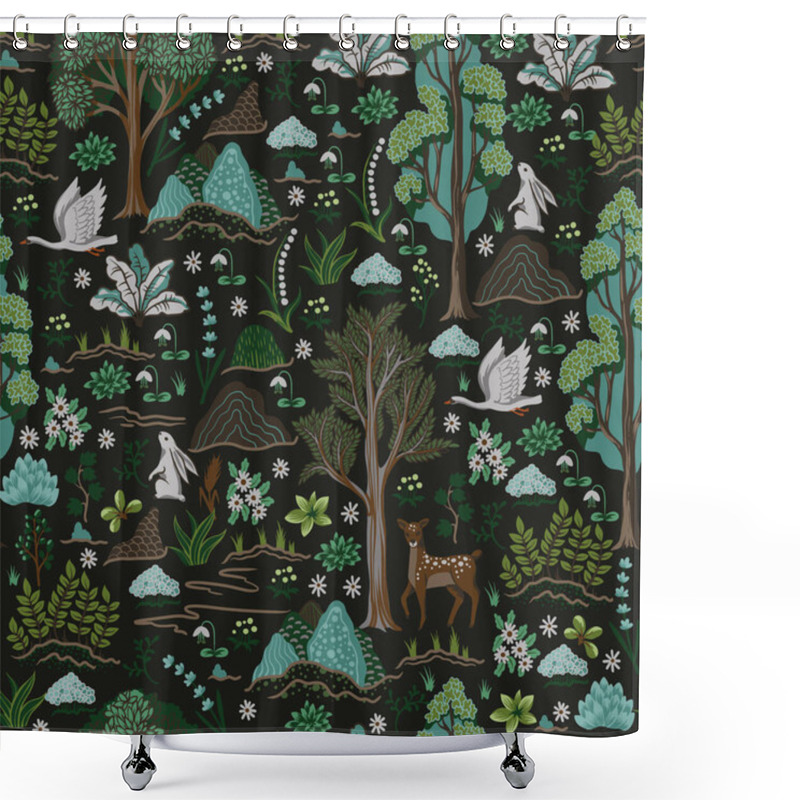 Personality  Seamless Rustic Pattern With Trees, Animals And Plants. Vector Shower Curtains