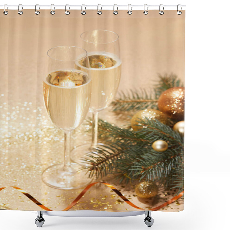 Personality  Golden Christmas Balls, Pine Branch And Glasses Of Champagne On Tabletop Shower Curtains