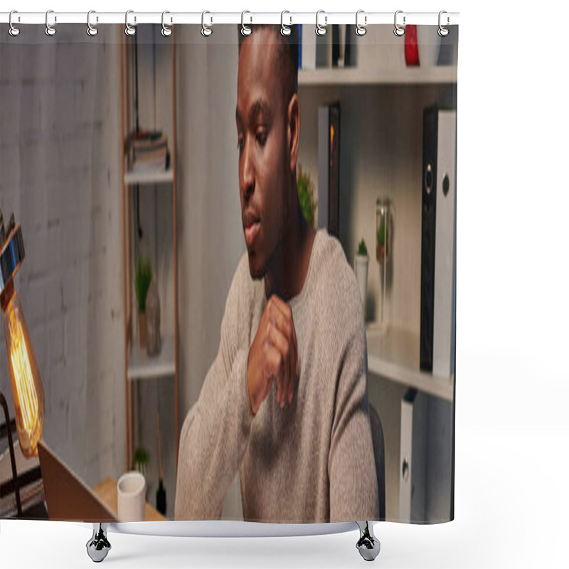 Personality  Young Concentrated African American Freelancer Working On Laptop In Evening At Home, Banner Shower Curtains