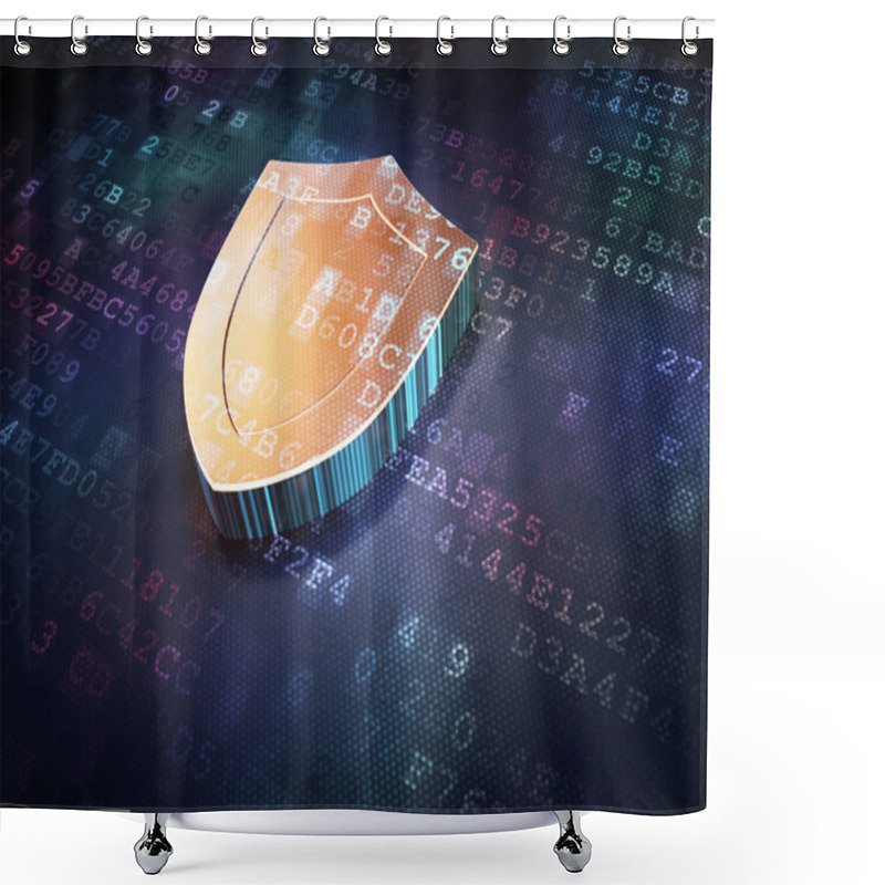 Personality  Protection Concept: Golden Shield On Digital Background Shower Curtains