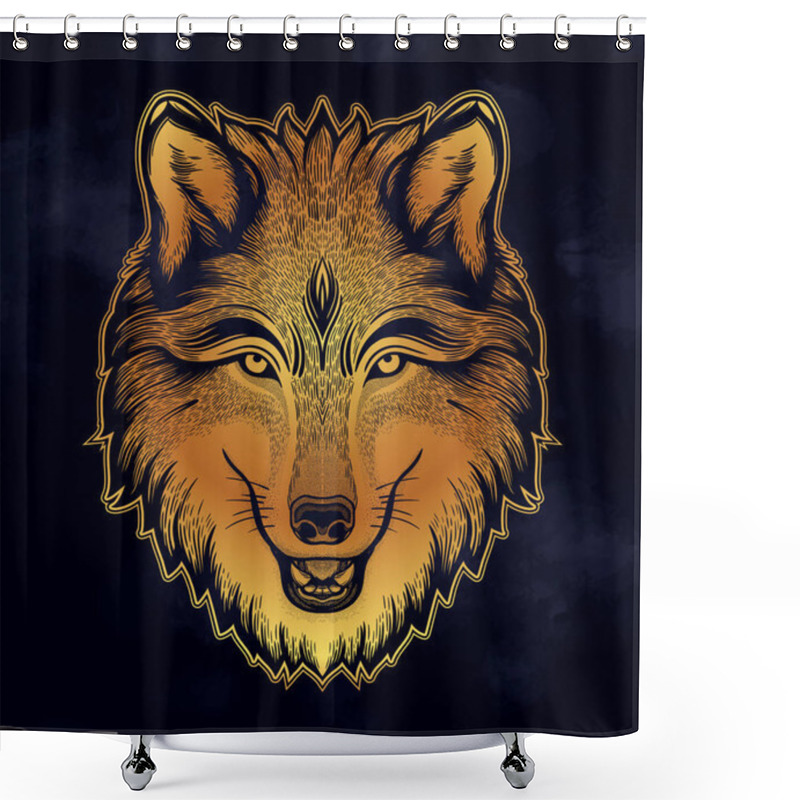 Personality  The Head Of A Wolf. Dreamy Magic Art. Night, Nature, Wicca Symbol. Isolated Vector Illustration. Great Outdoors, Tattoo Design. Shower Curtains