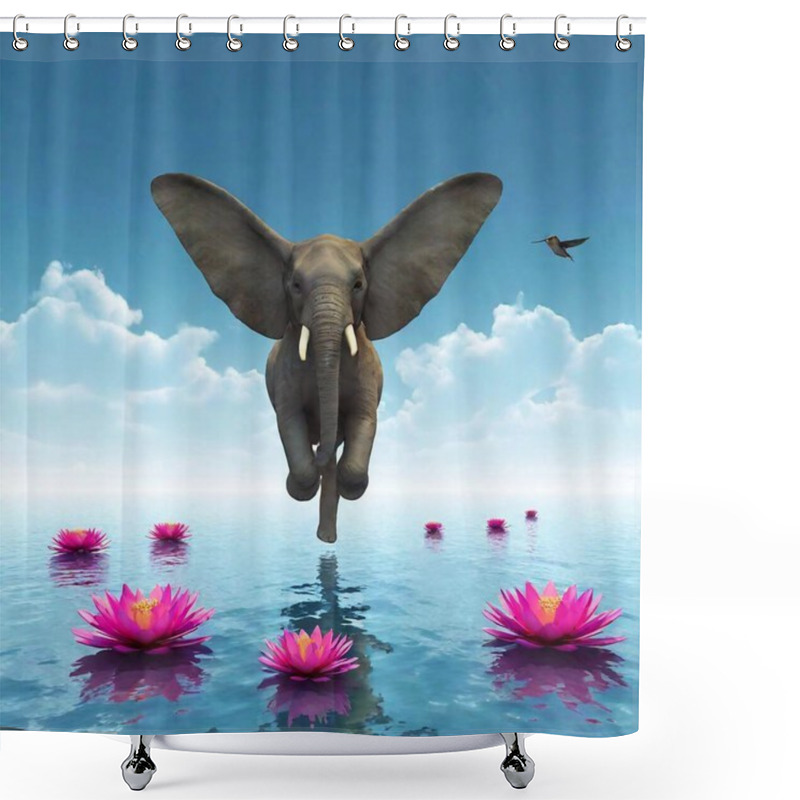 Personality  A Hybrid Creature With The Body Of An Elephant And The Wings Of A Hummingbird, Floating Weightlessly Through A Surreal Landscape Of Enormous, Glowing Flowers And Floating Islands. Shower Curtains