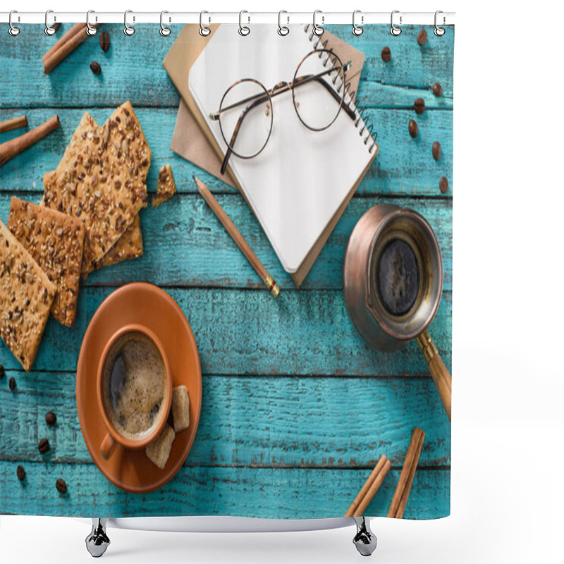 Personality  Flat Lay With Cup Of Coffee, Cookies, Eyeglasses, Empty Notebook, Roasted Coffee Beans And Cinnamon Sticks Around On Blue Wooden Tabletop Shower Curtains