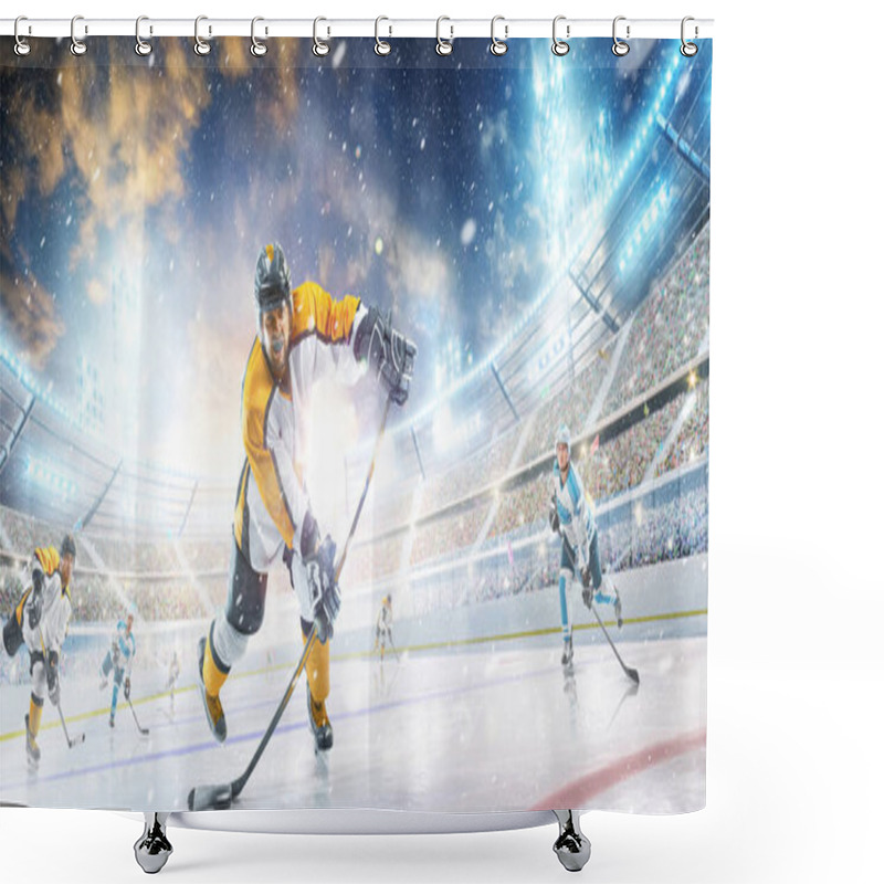 Personality  Hockey Player In Helmet And Gloves At The Winter Stadium. Sport Concept. Athlete In Action. Winter Shower Curtains