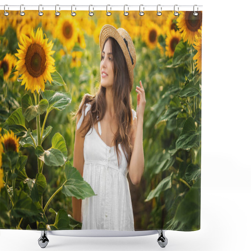 Personality  Beautiful Woman In White Dress On The Flowering Field Looking Away. Shower Curtains