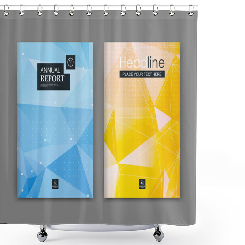 Personality  Abstract Polygonal Font. Text Frame Surface. Blue, Yellow A4 Brochure Cover Design. Title Sheet Model Set. Triangle Part Icon. Modern Vector Front Page. Ad Banner Form Texture. Flier Fiber. Header Box Shower Curtains