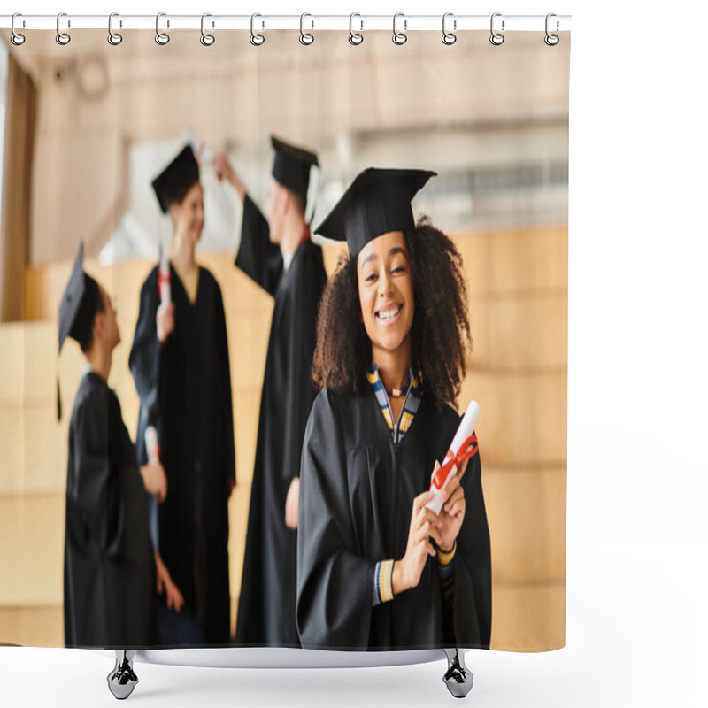 Personality  A Diverse Woman Proudly Stands In A Graduation Cap And Gown, Holding Her Diploma. Shower Curtains