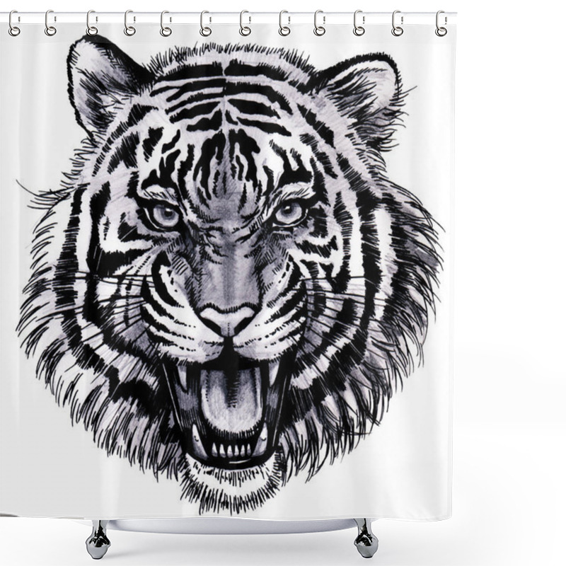 Personality  Illustration Of A Tiger's Face Barking With Its Mouth Open . A Realistic Illustration Of A Roaring Tiger's Face.  Shower Curtains