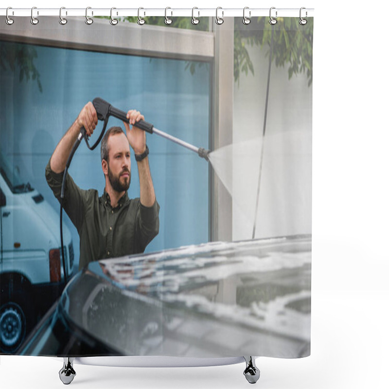 Personality  Handsome Man Cleaning Car At Car Wash With High Pressure Water Jet Shower Curtains