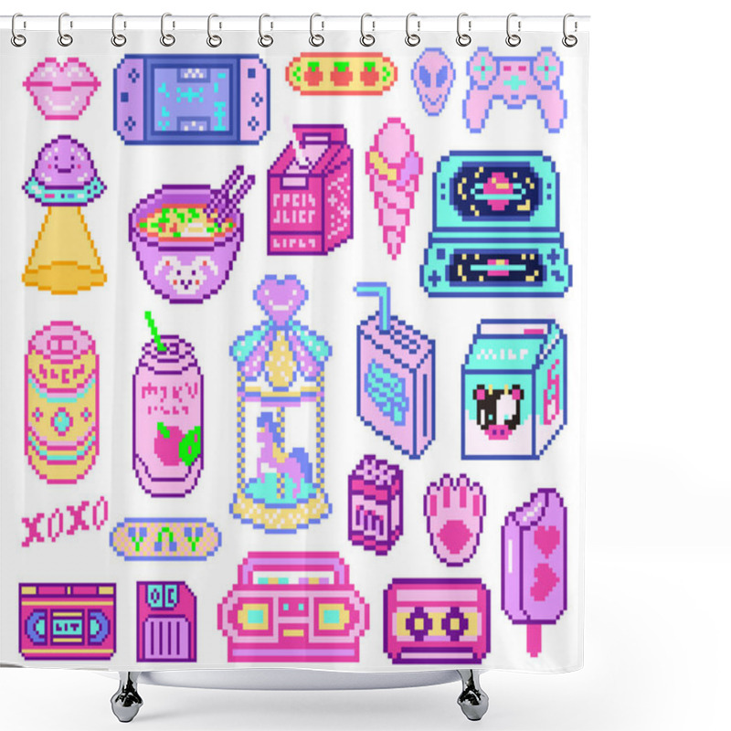 Personality  Pixel Art 8 Bit Objects. Retro Digital Game Assets. Set Of Pink Fashion Icons. Vintage Girly Stickers. Arcade Computer Video. Characters Dinosaur Pony Rainbow. Shower Curtains