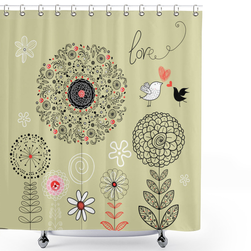 Personality  Floral Background With Birds In Love Shower Curtains