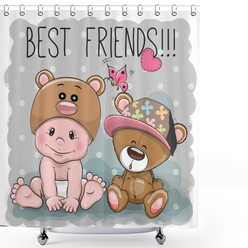 Personality  Cute Cartoon Baby And Teddy Bear Shower Curtains