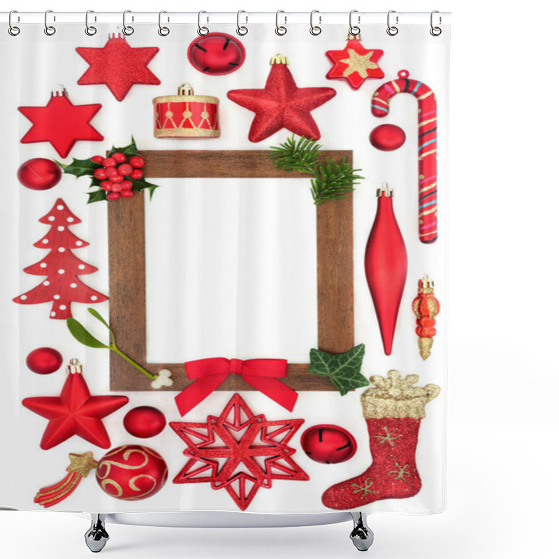 Personality  Abstract Christmas Wooden Frame Composition With Red Bauble Tree Decorations, Holly, Winter Flora On White Background. Festive Creative Layout For The Holiday Season.  Shower Curtains