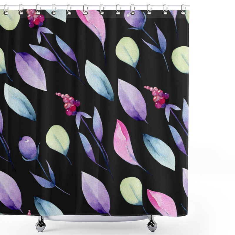 Personality  Watercolor Pastel Leaves And Berries Seamless Pattern, Hand Painted On A Dark Background Shower Curtains