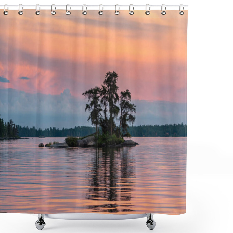 Personality  Small Island In Front Of Pink Sunset Shower Curtains