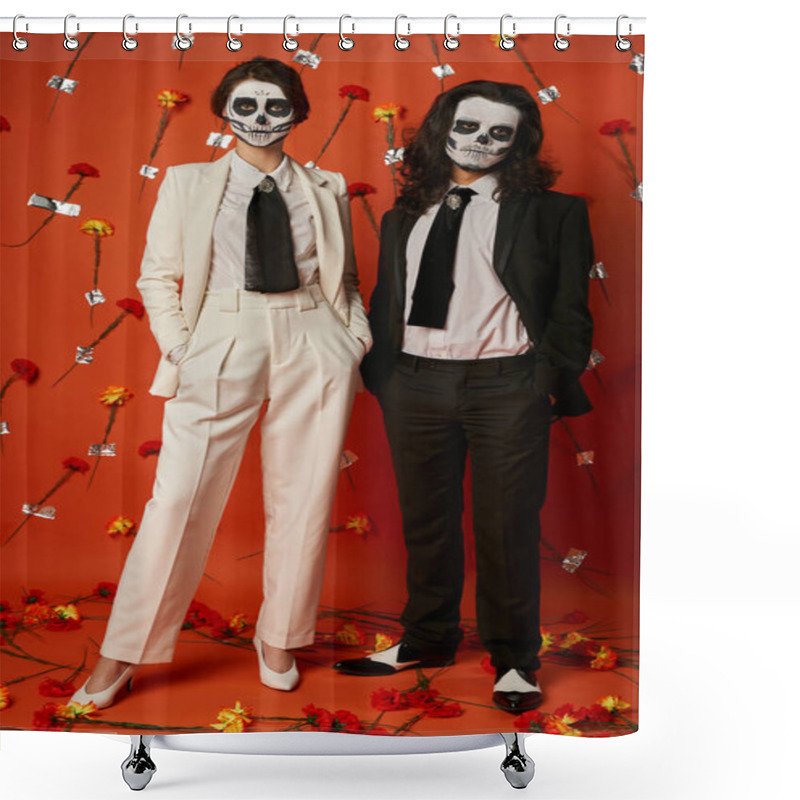 Personality  Couple In Sugar Skull Makeup And Trendy Outfit Posing With Hands In Pockets Of Red Floral Backdrop Shower Curtains