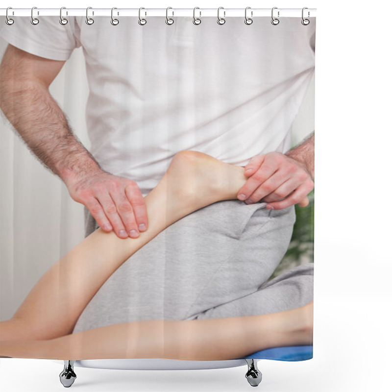 Personality  Podiatrist Manipulating The Ankle Of His Patient While Putting H Shower Curtains