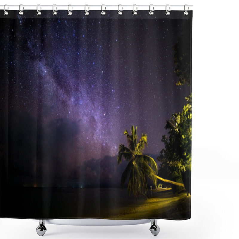 Personality  Night Sky With Bright Stars. Night Shot With Palm Trees And Milky Way In Background, Tropical Beach View On A Warm Night Shower Curtains