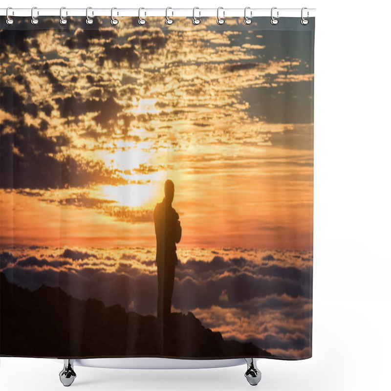 Personality  Young Man On Sunset Above The Clouds In The Mountains Shower Curtains