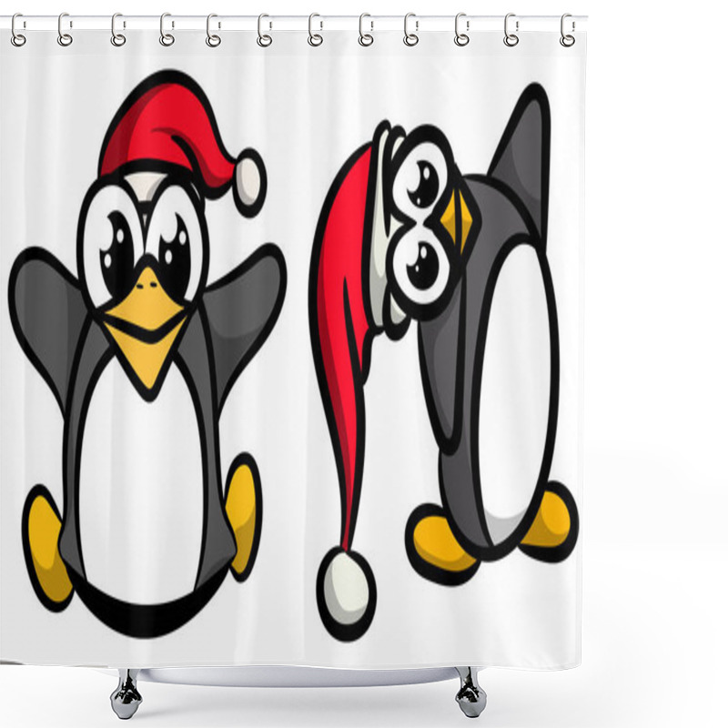 Personality  Two Funny And Wriggling Penguins In Christmas Hats In Vector Car Shower Curtains