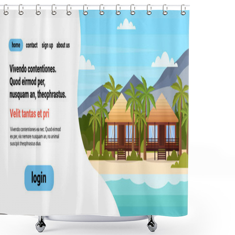 Personality  Tropical Island With Villa Bungalow Hotel On Beach Seaside Mountain Green Palms Landscape Summer Vacation Concept Flat Horizontal Copy Space Shower Curtains