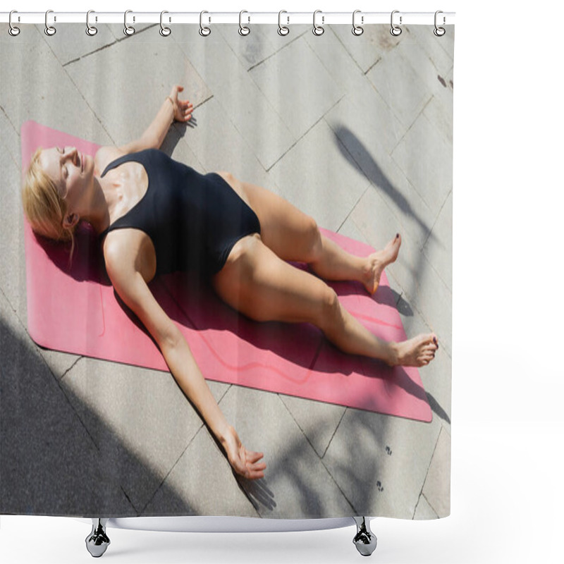 Personality  Smiling Woman In Bodysuit Meditating And Tanning On Mat On Urban Street  Shower Curtains