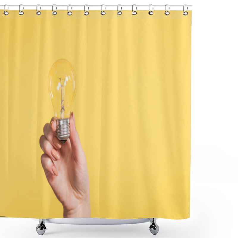 Personality  Cropped View Of Woman Holding Led Lamp In Hands Isolated On Yellow, Energy Efficiency Concept  Shower Curtains