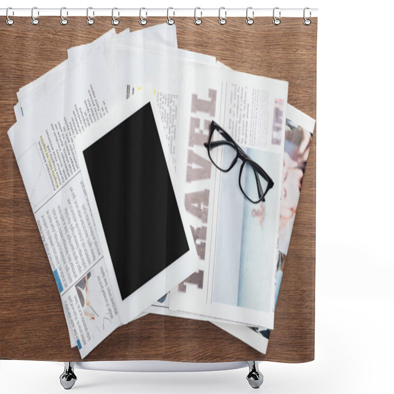 Personality  Top View Of Tablet With Blank Screen, Glasses And Newspapers On Wooden Tabletop Shower Curtains