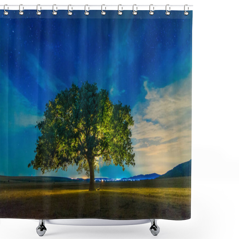 Personality  Beautiful Landscape With A Lonely Oak Tree And A Starry Night Sky With Moon Light, Dobrogea, Romania Shower Curtains