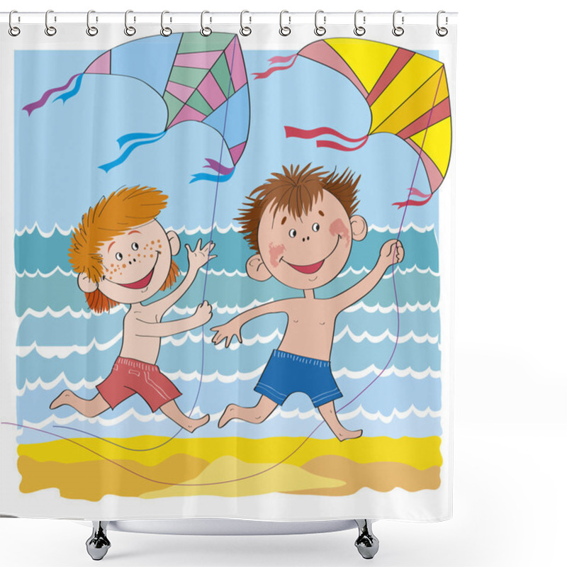 Personality  Children & Kite.Cheerful Children-boys On Beach-illustration Shower Curtains