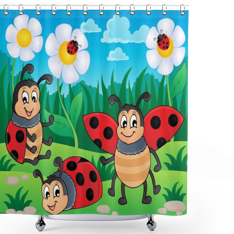 Personality  Image With Ladybug Theme 2 Shower Curtains