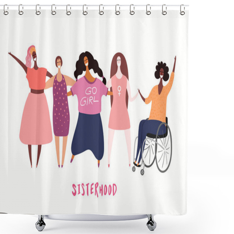 Personality  Hand Drawn Vector Illustration Of Diverse Modern Girls Together. Concept Of Feminism, Women Day Card, Female Cartoon Characters. Shower Curtains