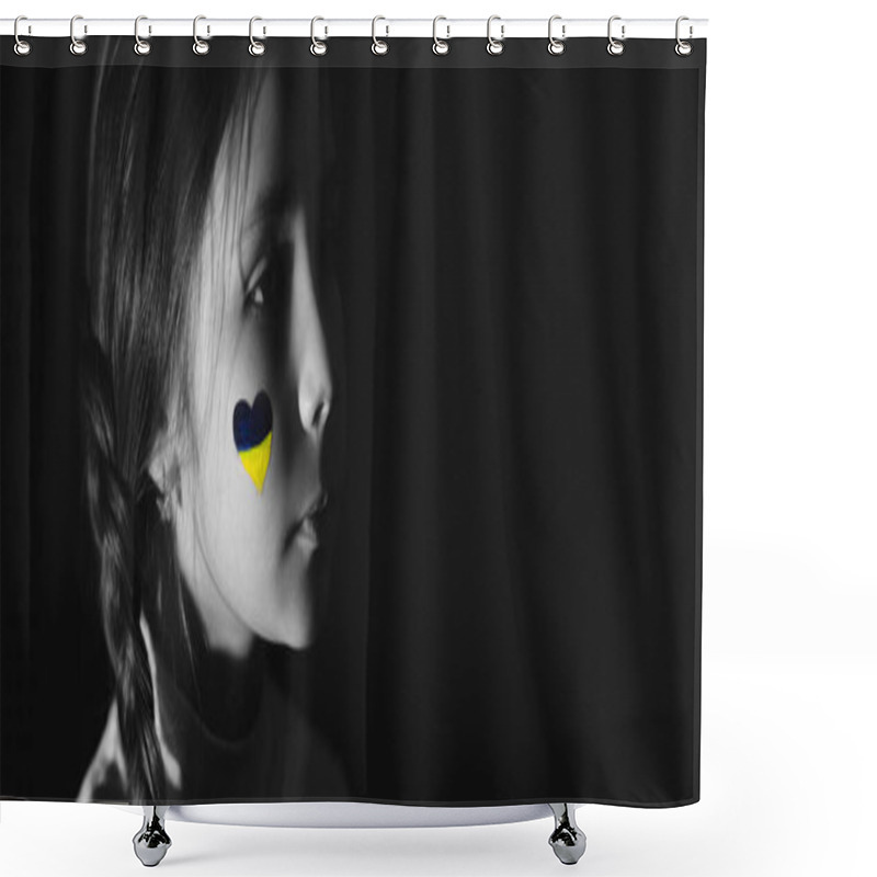 Personality  Monochrome Photo Of Frustrated Girl With Painted Ukrainian Flag On Cheek Isolated On Black, Banner Shower Curtains