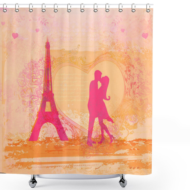 Personality  Romantic Couple In Paris Kissing Near The Eiffel Tower, Retro Ca Shower Curtains