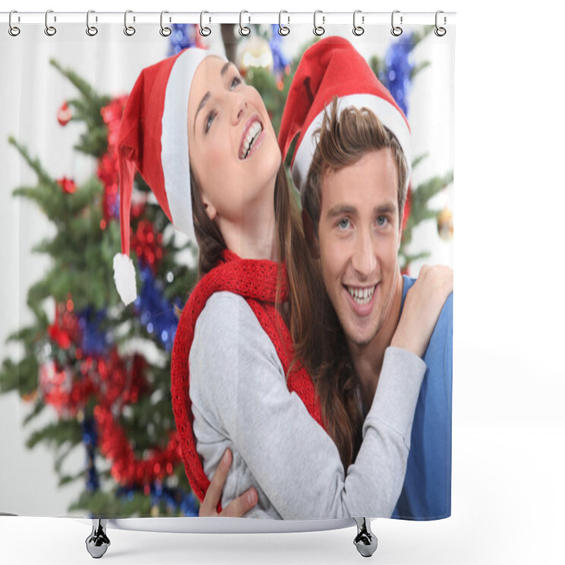 Personality  A Couple Hugging In Front Of A Christmas Tree Shower Curtains