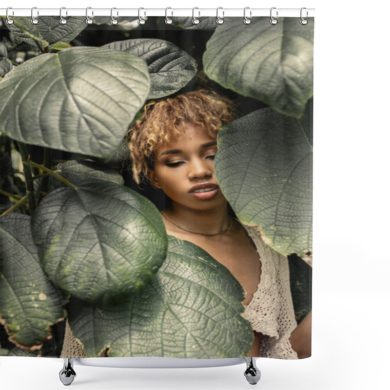 Personality  Trendy Young African American Woman With Makeup Wearing Knitted Top While Standing Near Blurred Green Leaves In Greenhouse, Stylish Woman Enjoying Lush Tropical Surroundings Shower Curtains