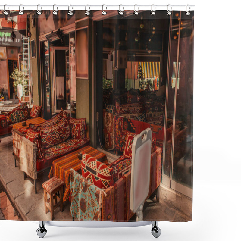 Personality  Tables And Sofas With Oriental Ornaments In Outdoors Cafe On Sidewalk In Istanbul, Turkey  Shower Curtains