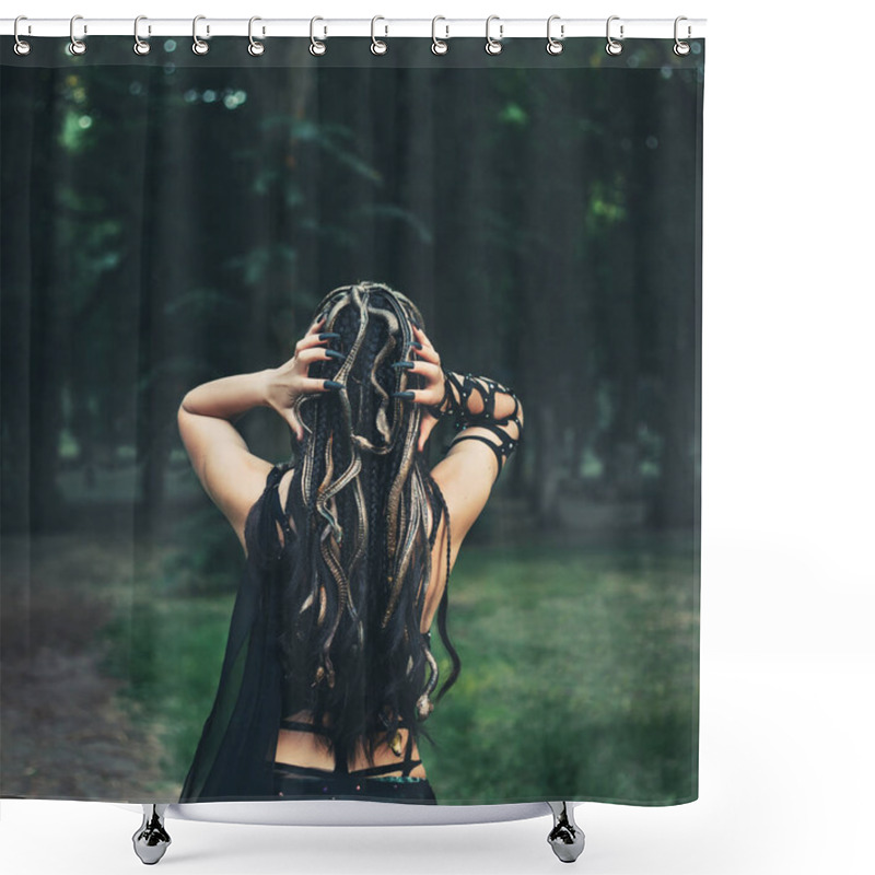 Personality  Image Of Gorgon Medusa, Braid Hair And Golden Snakes, Close-up Portrait From The Back Without A Face. A Woman Shows Hands With Long, Black Nails. Mystical Photosession In The Forest. Shower Curtains