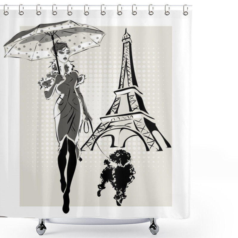 Personality  Illustration Fashion Woman Near Eiffel Tower With Little Dog Shower Curtains