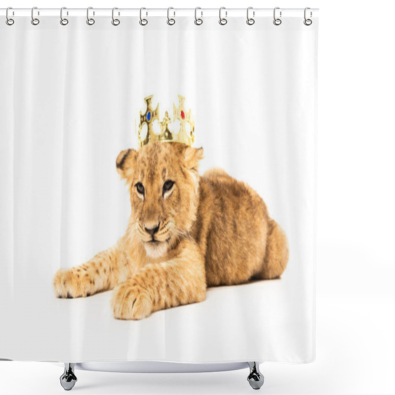 Personality  Cute Lion Cub In Golden Crown Isolated On White Shower Curtains