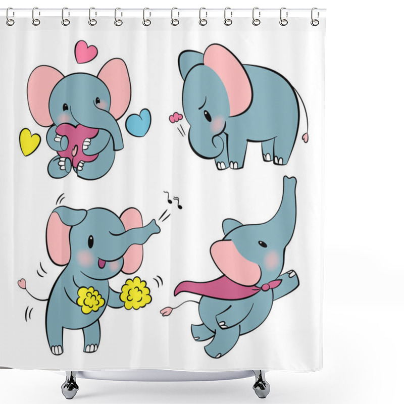 Personality  Emotional Sticker Set With Cute Elefant. Kawaii Style. Cartoon Emoji Sticker With Elefants In Different Moods. Vector Illustration. Shower Curtains