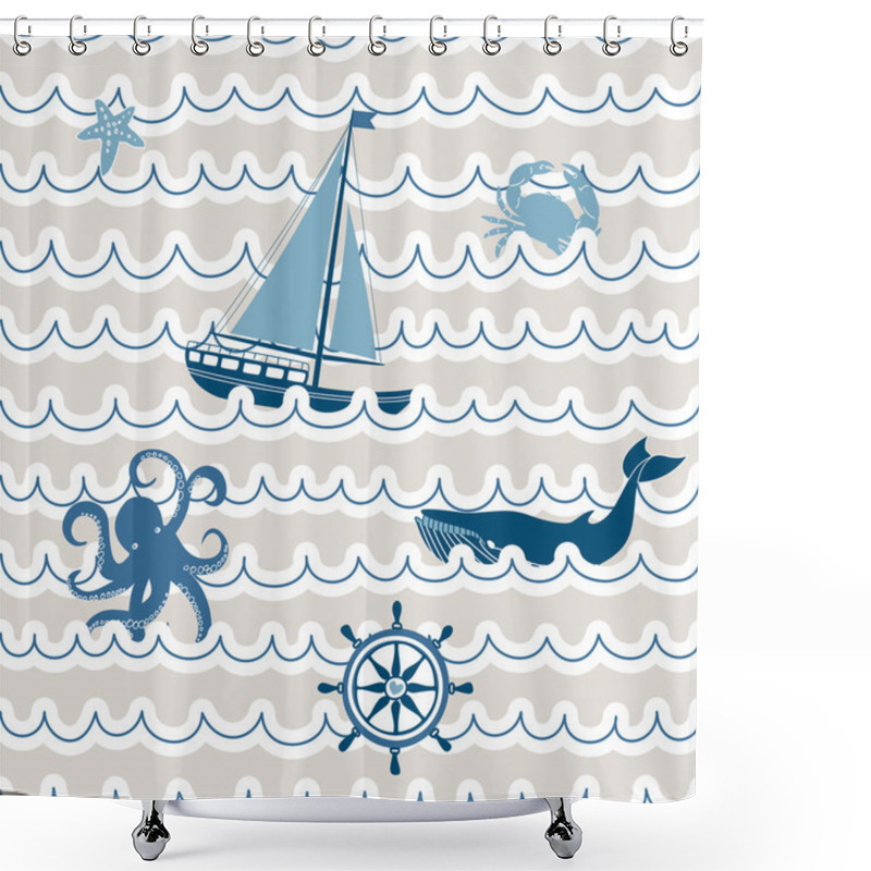 Personality  Seamless Wave Pattern With Nautical Symbols Shower Curtains