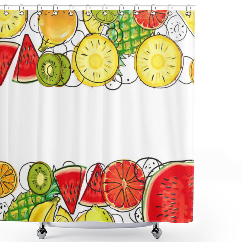 Personality  Hand Drawn Exotic Fruit Border Isolated On White Background Shower Curtains