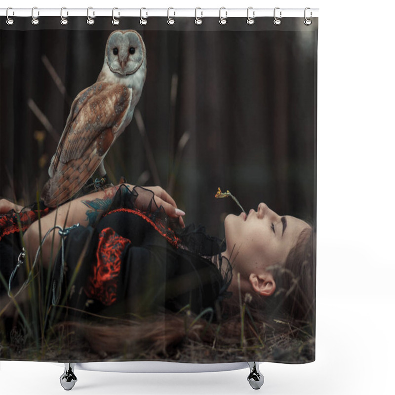 Personality  Girl Lies With Owl On Grass In Forest. Close-up. Shower Curtains