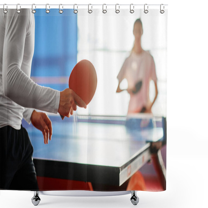 Personality  Selective Focus On Two Sportive People Playing Table Tennis Indoors. Male And Female Friendly Match Shower Curtains