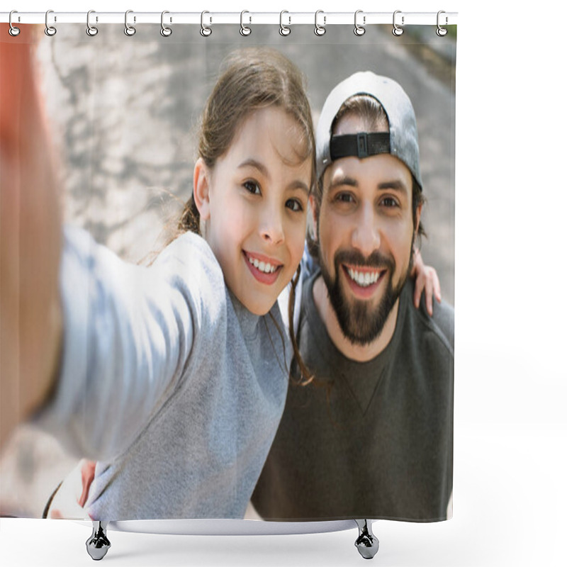 Personality  Daughter Taking Selfie Smiling Father In Park Shower Curtains