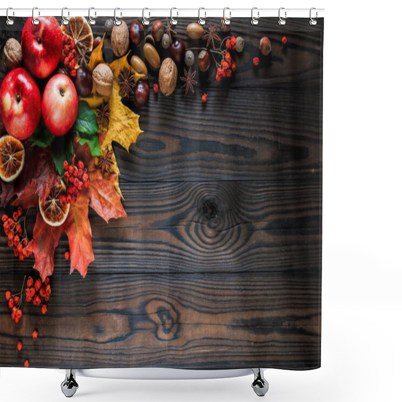 Personality  Autumn Bright Yellow-red Leaves, Nuts, Apples On A Wooden Background. Natural Table Made Of Boards. Top View With Space For Text Shower Curtains